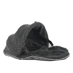 small dark grey faux fur hood cat bed cover made by Ambient Lounge New Zealand
