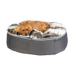 wild animal faux fur cover medium dog bed filled with bean by Ambient Lounge New Zealand